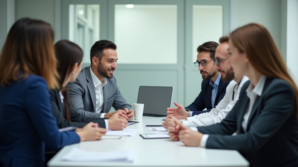 Réunion de travail avec plusieurs personnes discutant autour d'une table avec ordinateur portable et documents