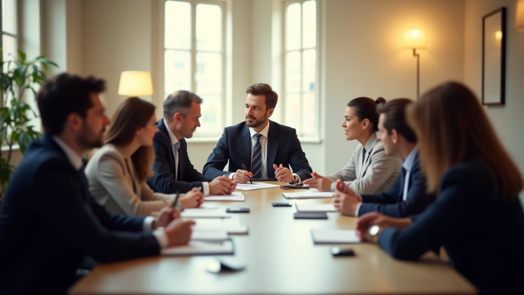 Professionnels en réunion autour d'une table de conférence moderne