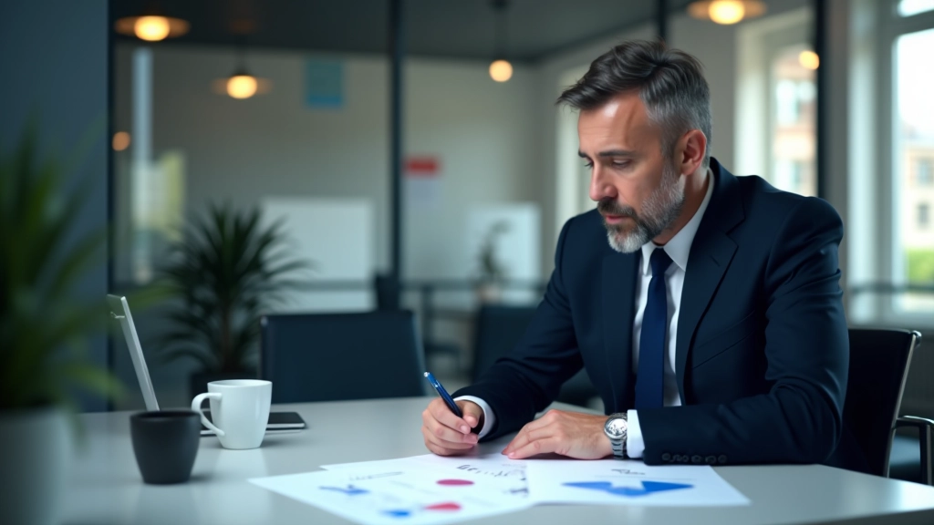 Professionnel en costume analysant des documents financiers sur un bureau moderne avec graphiques