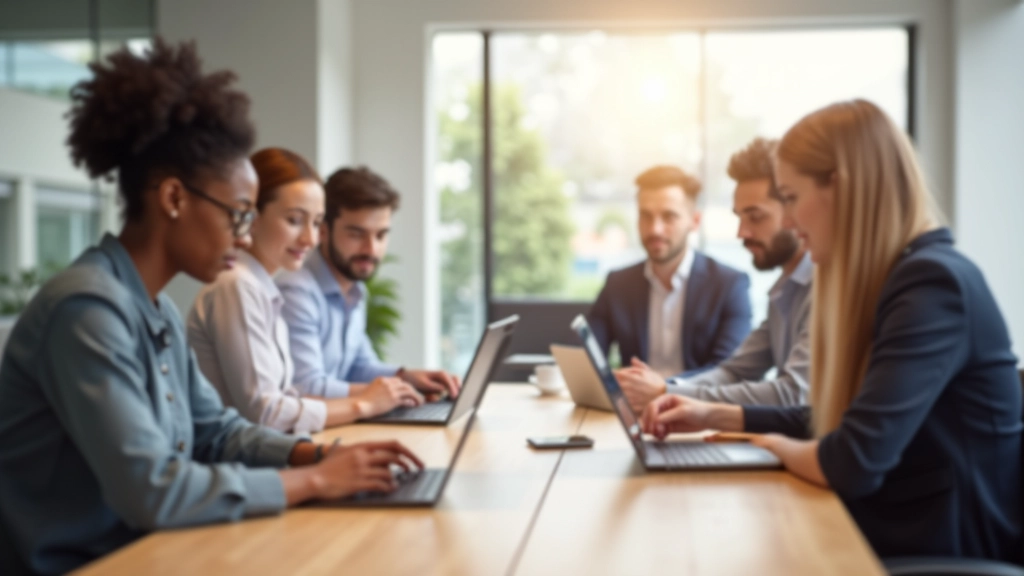Équipe travaillant ensemble autour d'une table avec tablettes et ordinateurs portables