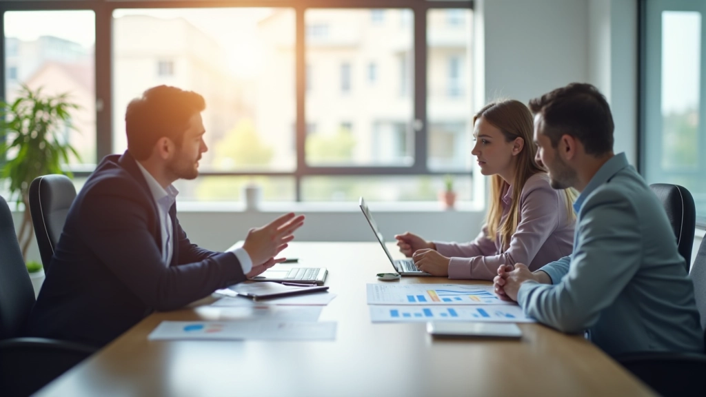Équipe de professionnels en réunion stratégique autour de tableaux économiques