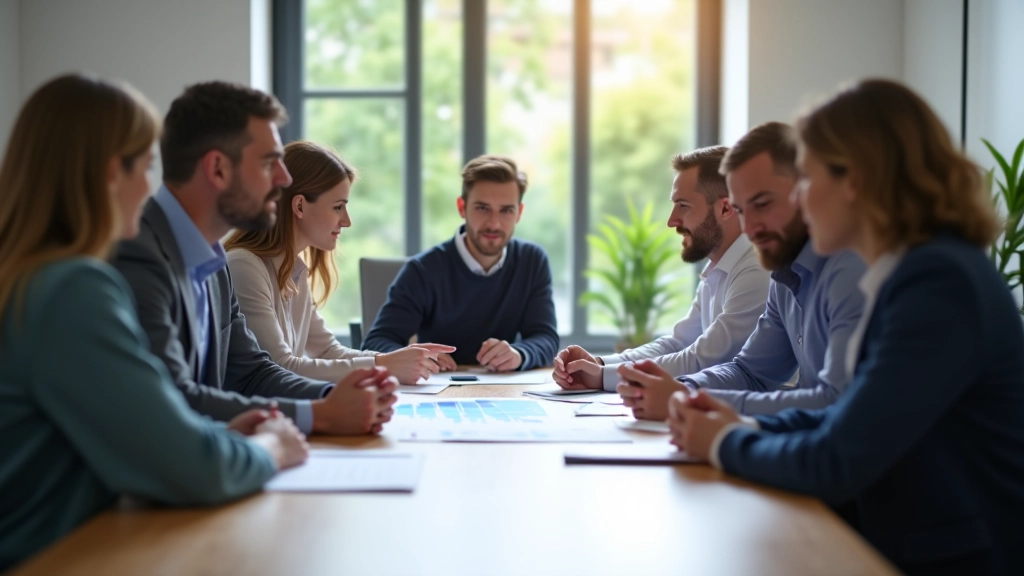 Équipe de professionnels diversifiés réunis autour d'une table de conférence discutant de stratégie commerciale