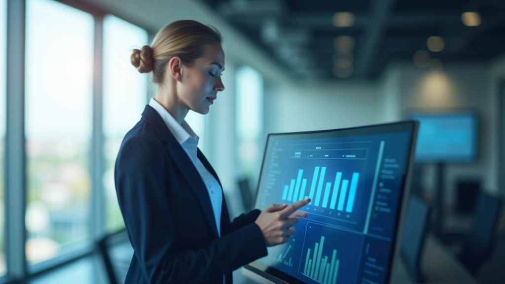 Femme d'affaires consultant des tableaux de bord analytiques et indicateurs de marché sur écran tactile