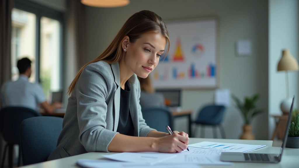Femme entrepreneur analysant des graphiques et données sur un écran
